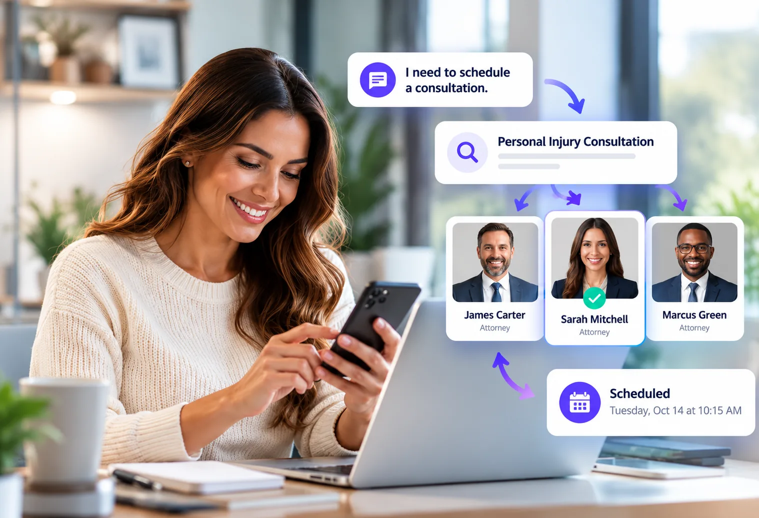 A client asks to schedule a consultation on her phone. vrtual.ly finds the right service, matches her with the right person and shows her a confirmed time.